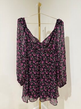 Astr Black Dress with Pink Floral Print - Long Sleeve Mini